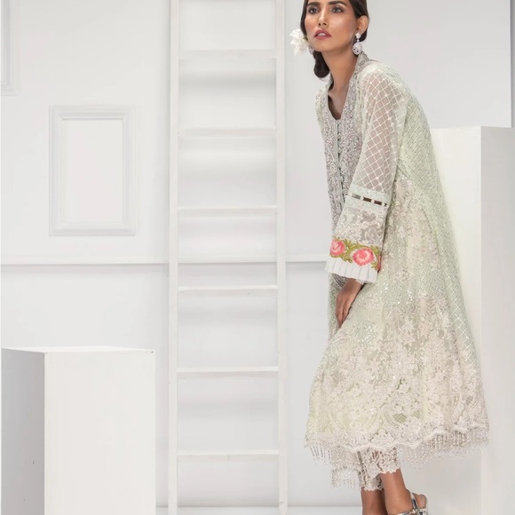 Designer 3 piece Pakistani formal wear light green, Rizwan Ahmed - Picture 3 of 10